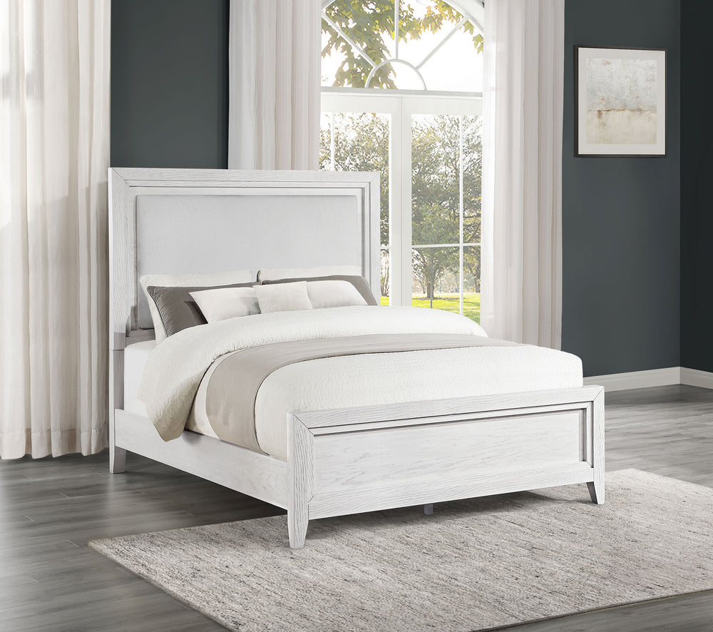 Emory Queen Upholstered Panel Bed Distressed White