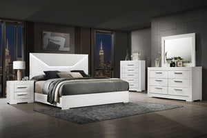 Alaric Queen Panel Bed LED Headboard White High Gloss