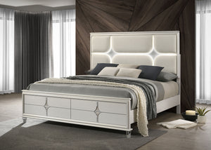 Lucius Queen Panel Bed LED Headboard Pearl White