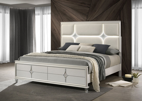 Lucius Queen Panel Bed LED Headboard Pearl White