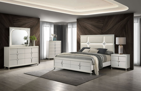 Lucius Queen Panel Bed LED Headboard Pearl White