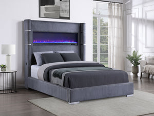 Malcolm Upholstered Queen Flame Visualizer Bed Grey