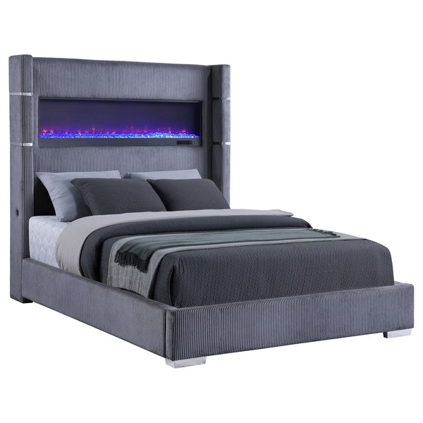 Malcolm Upholstered Queen Flame Visualizer Bed Grey