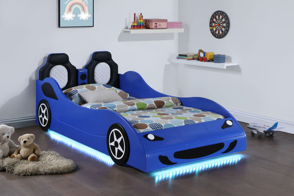 Blaze Wood Twin LED Race Car Bed Blue