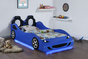 Blaze Wood Twin LED Race Car Bed Blue