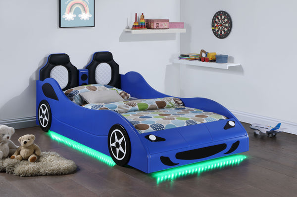 Blaze Wood Twin LED Race Car Bed Blue