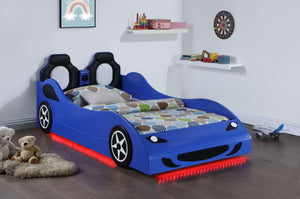 Blaze Wood Twin LED Race Car Bed Blue