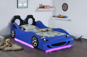 Blaze Wood Twin LED Race Car Bed Blue