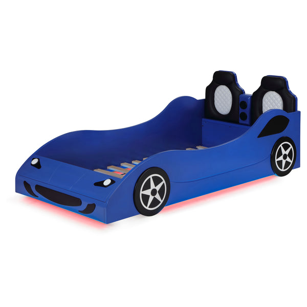 Blaze Wood Twin LED Race Car Bed Blue