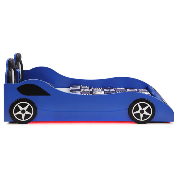 Blaze Wood Twin LED Race Car Bed Blue