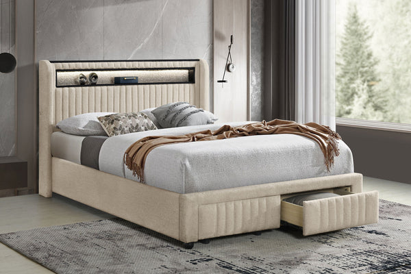 Madison LED Full Bed - Cream Upholstered